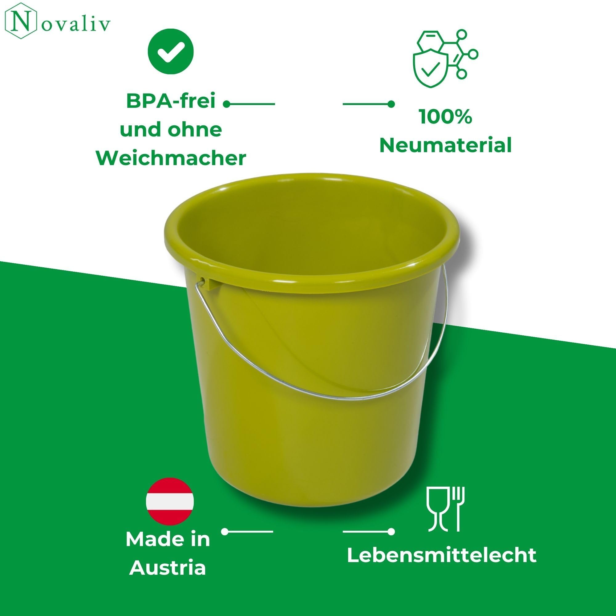 Novaliv 20 sztuk wiaderek 5 l, zielone, z podziałką na miarę, 5 l, 22,5 cm, praktyczne, uniwersalne ze skalą, do gospodarstwa domowego i ogrodu, idealne jako wiadro domowe, wiadro na wodę, wiadro do