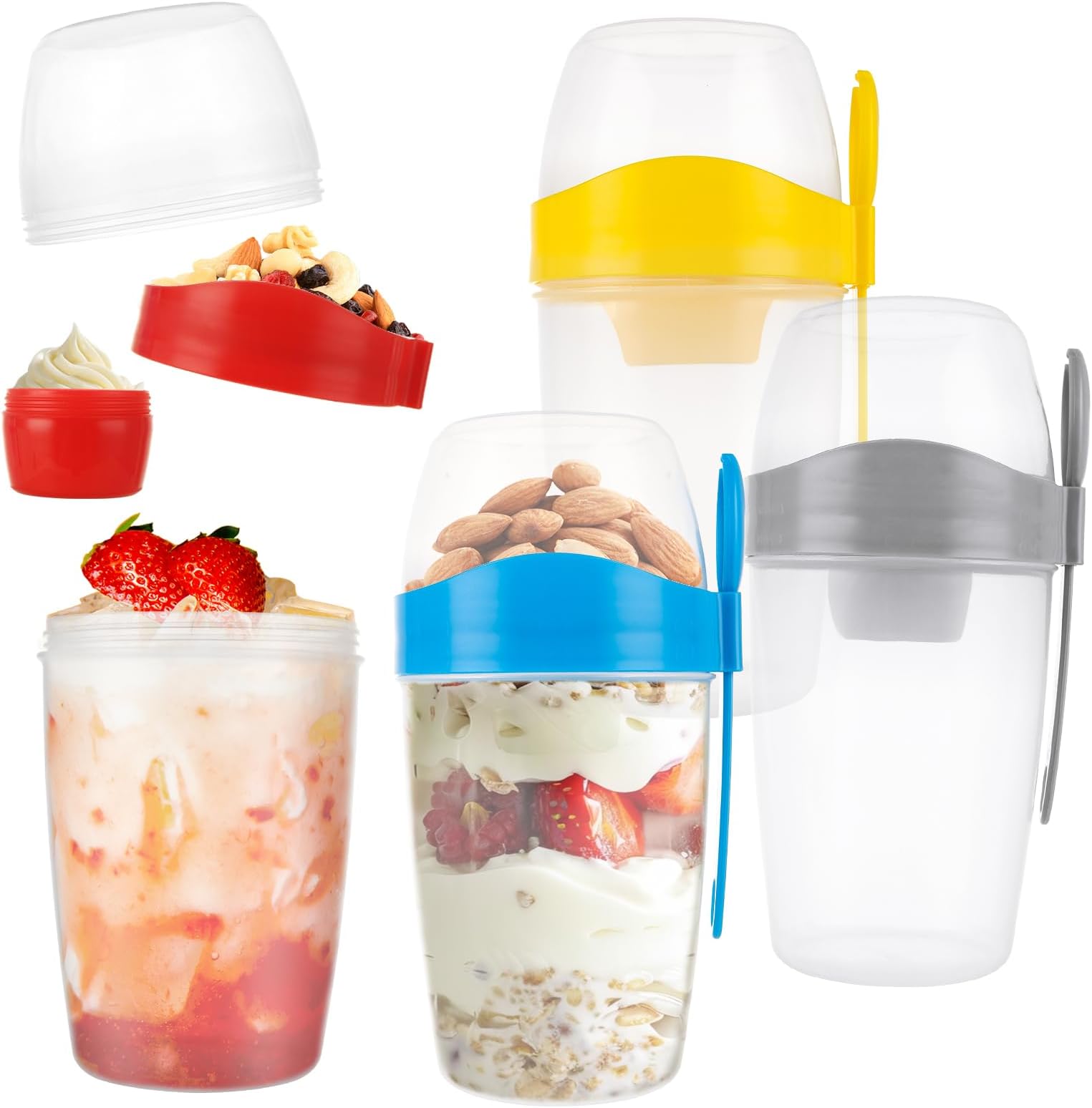 Abuff4 Pack On The Go 36 oz Breakfast Cups with Lids and Spoon, Reusable Portable Yogurt Cereal Cup with Topping Salad Dressing Holder Overnight Oats Snack Parfait Container for Travel, Gym, Office