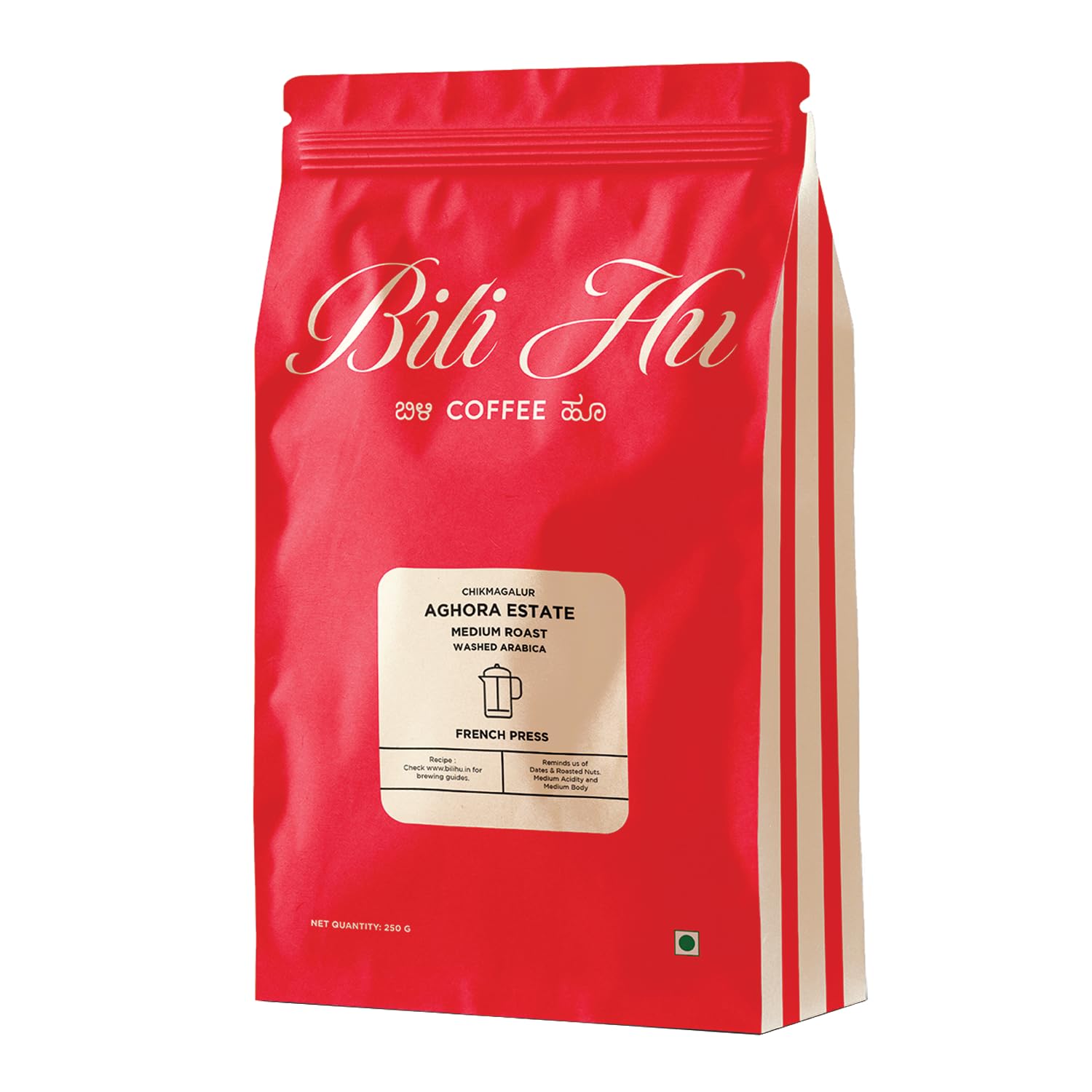 Bili Hu Coffees Roasters, Ground Coffee Powder, French Press Grind Arabica Coffee Powder from Aghora Estate, Medium Roasted South Indian Estate Coffee (Pack of 1, 250 Gram)