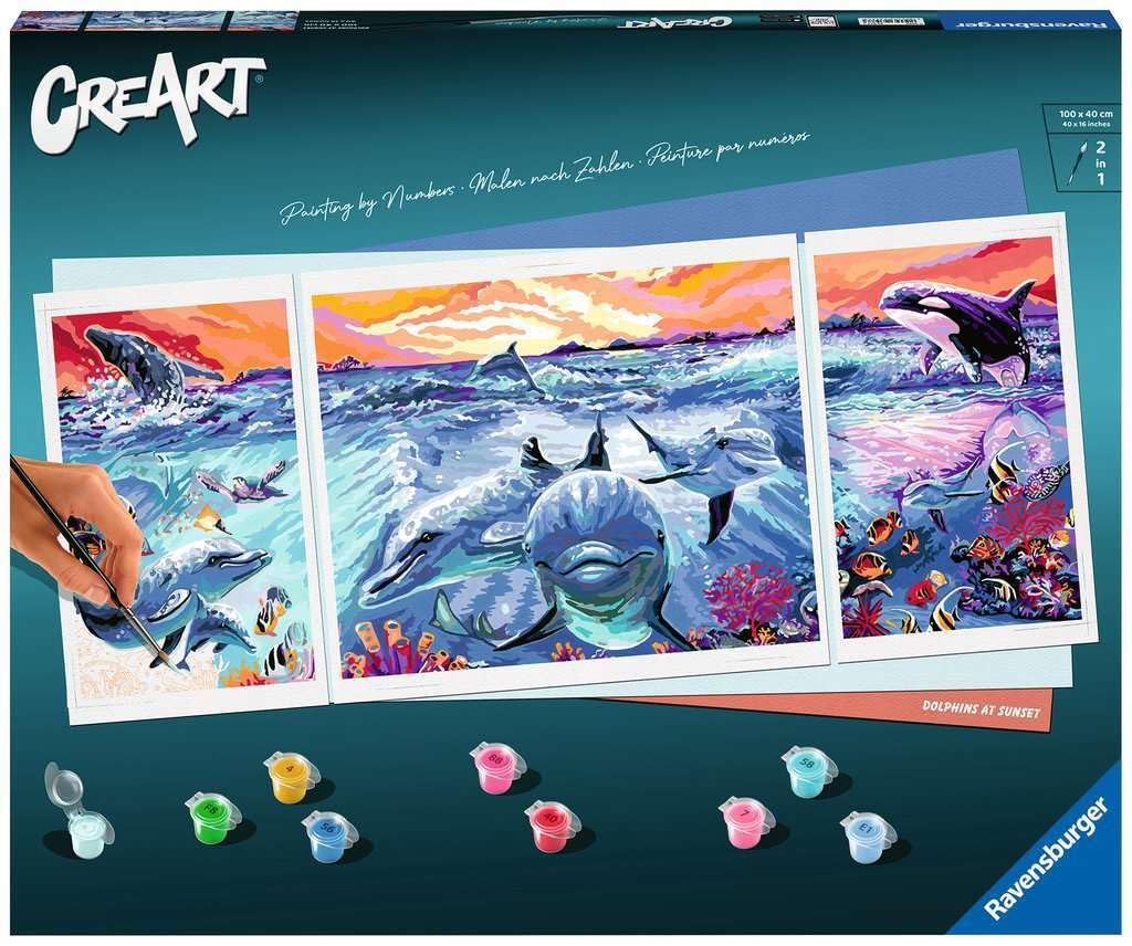 Ravensburger CreArt 23577 - Colourful Underwater World - Trittico con numeri per adulti, set di pittura fai da te con pennello e colori acrilici, regalo per donne e uomini, pittura per adulti