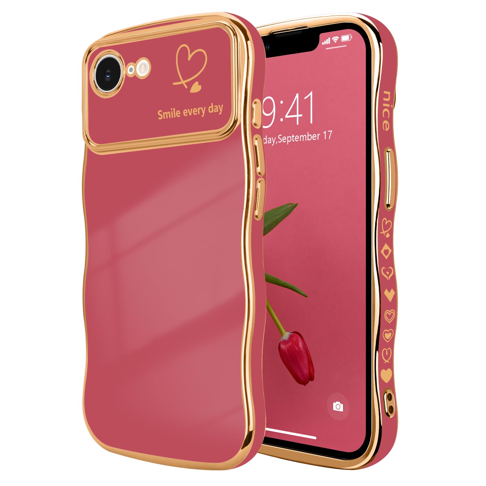 LCHULLE for iPhone 16e Case for Women Girls, Cute Wave Frame Curly Shape with Love Heart Pattern Raised Camera Protection Cover Luxury Plating