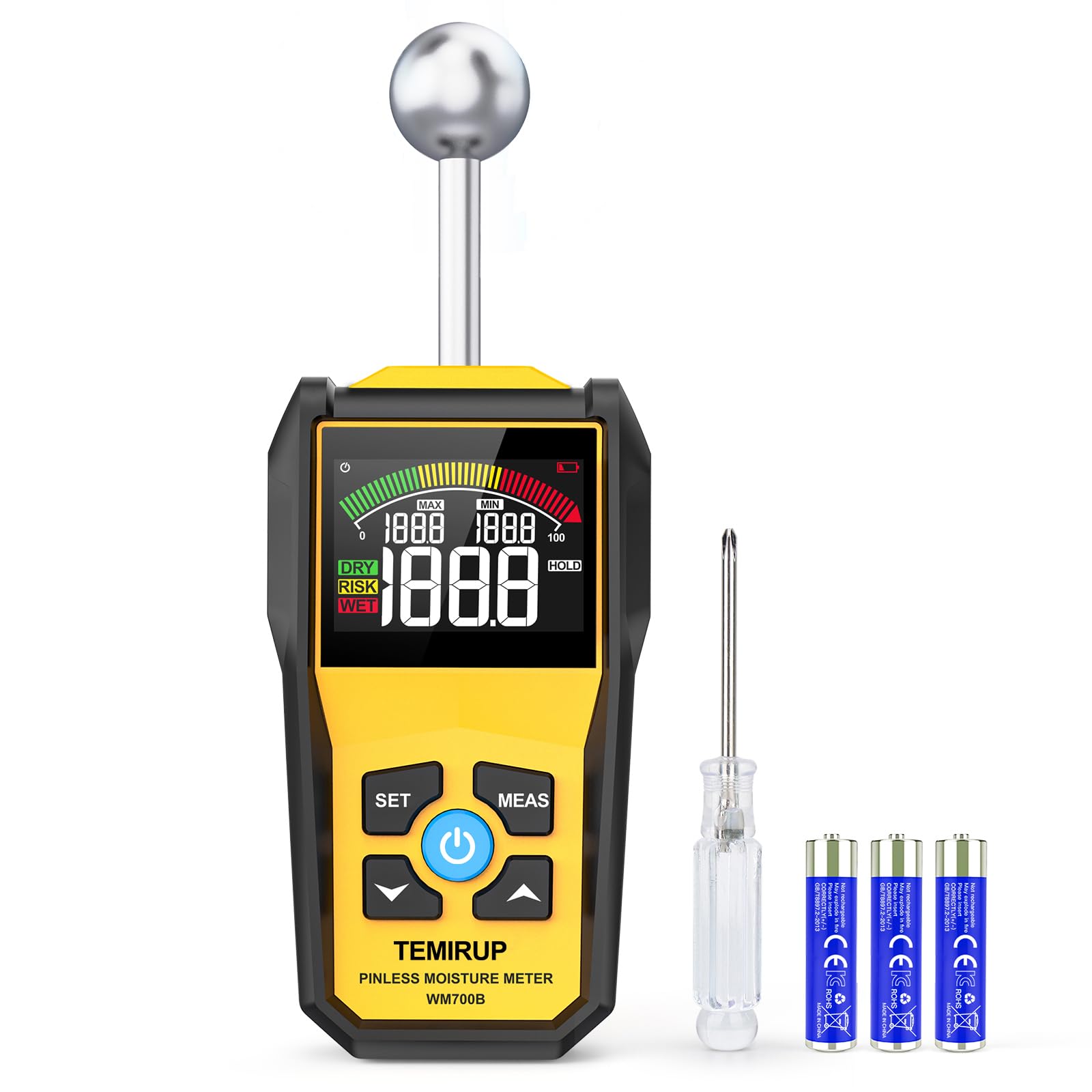 Moisture Meter, TEMIRUP Pinless Moisture Meter –Wood Moisture Detector for Walls, Drywall, Firewood & Concrete, Digital Moisture Tester with 3-Color LCD Display Reader, Audible Alarm & Hold Function