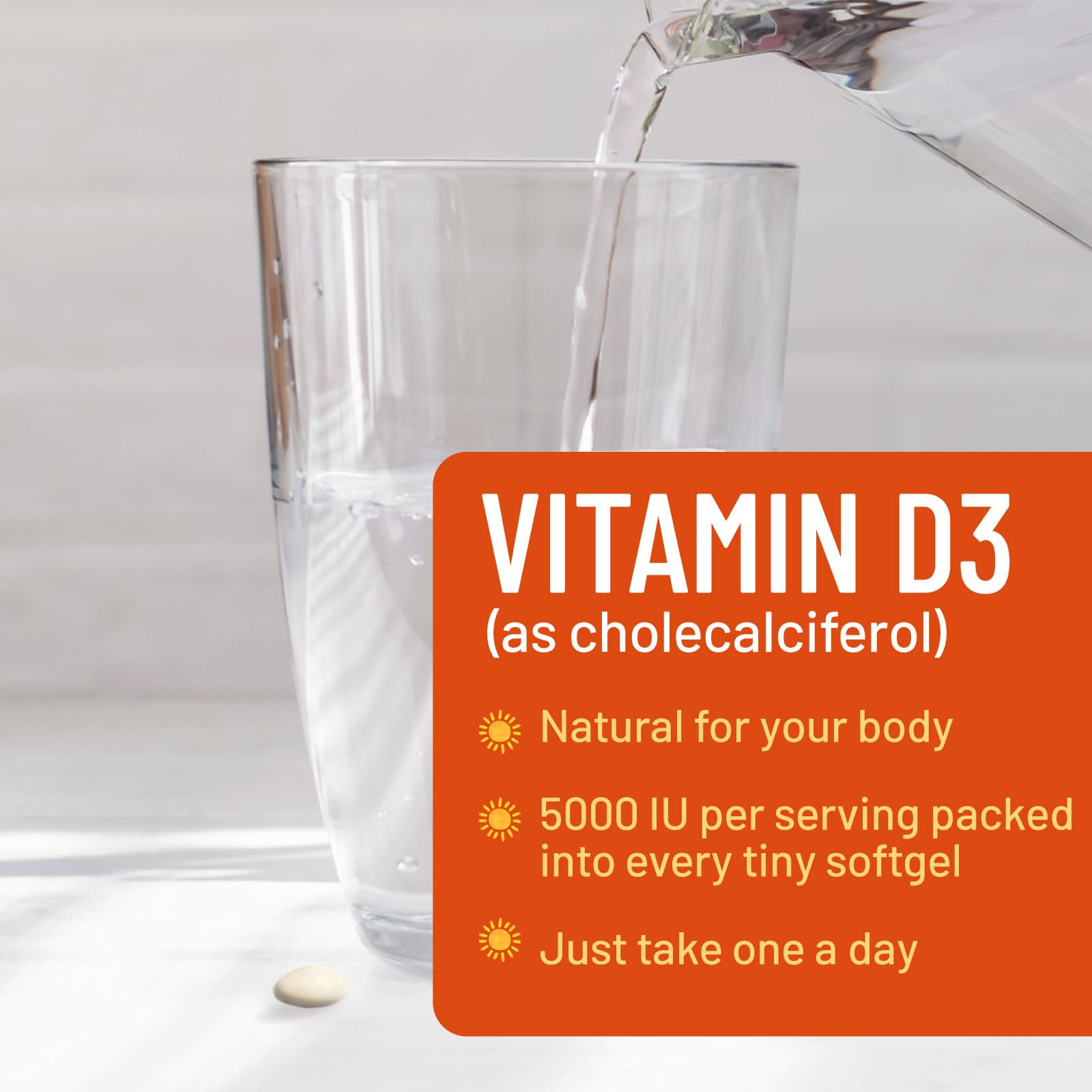 Vitamin D-3 5000 IU (125 mcg) Per Serving Softgels - Extra Strength Vitamins D Dietary Supplement for Bone, Teeth, Muscle Health & Immune Support, Rapid Absorbtion USA Bottled, Gluten Free - 60 Count — Amazon image 3