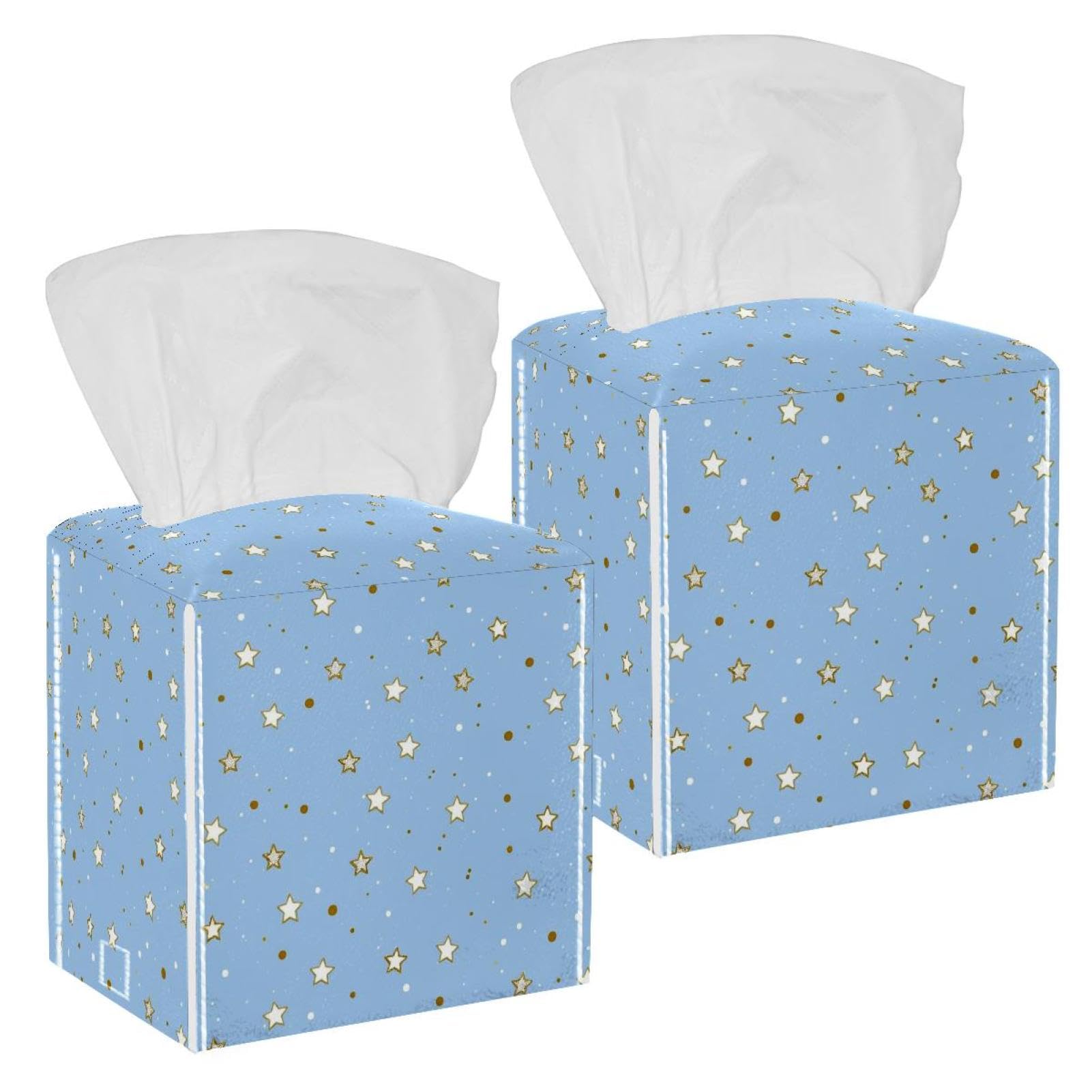 Artistic Stars Tissue Box Cover, 2 Pack PU Leather Square Facial Tissue Dispenser Box holder for Home Office Car