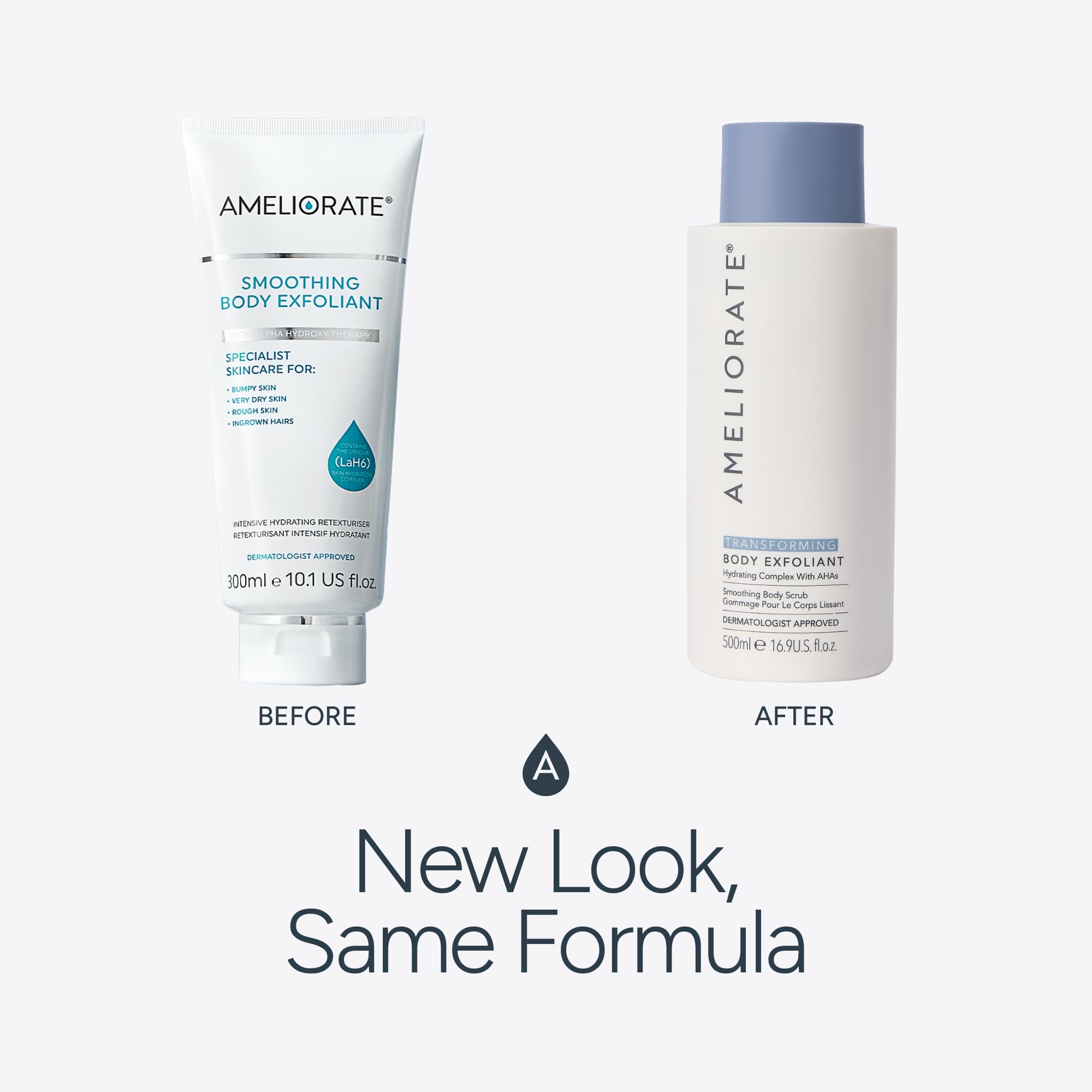 AMELIORATE Transforming Body Exfoliant 500ml for Keratosis Pilaris (KP), Bumpy & Dry Skin | Dual-Action AHA & Bamboo Scrub | Hydrating & Smoothing | Dermatologist Approved