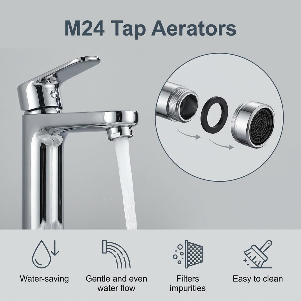 4 Piezas Aireador Grifo M24 con 4 Juntas, Aireador de Grifo con Filtro de Latón Cromado, M24 Boquilla Grifo para Cocina Lavabo Fregadero, Aireadores Ahorro de Agua — view 2