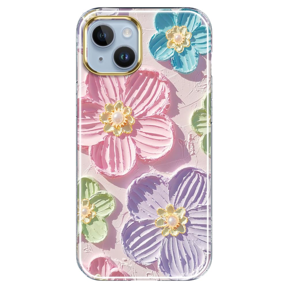 luolnh Compatible with iPhone 14 Case Clear Floral Pattern TPU Bumper Phone Case Cover for iPhone 14 6.1 inch(Pink&Blue Flower)