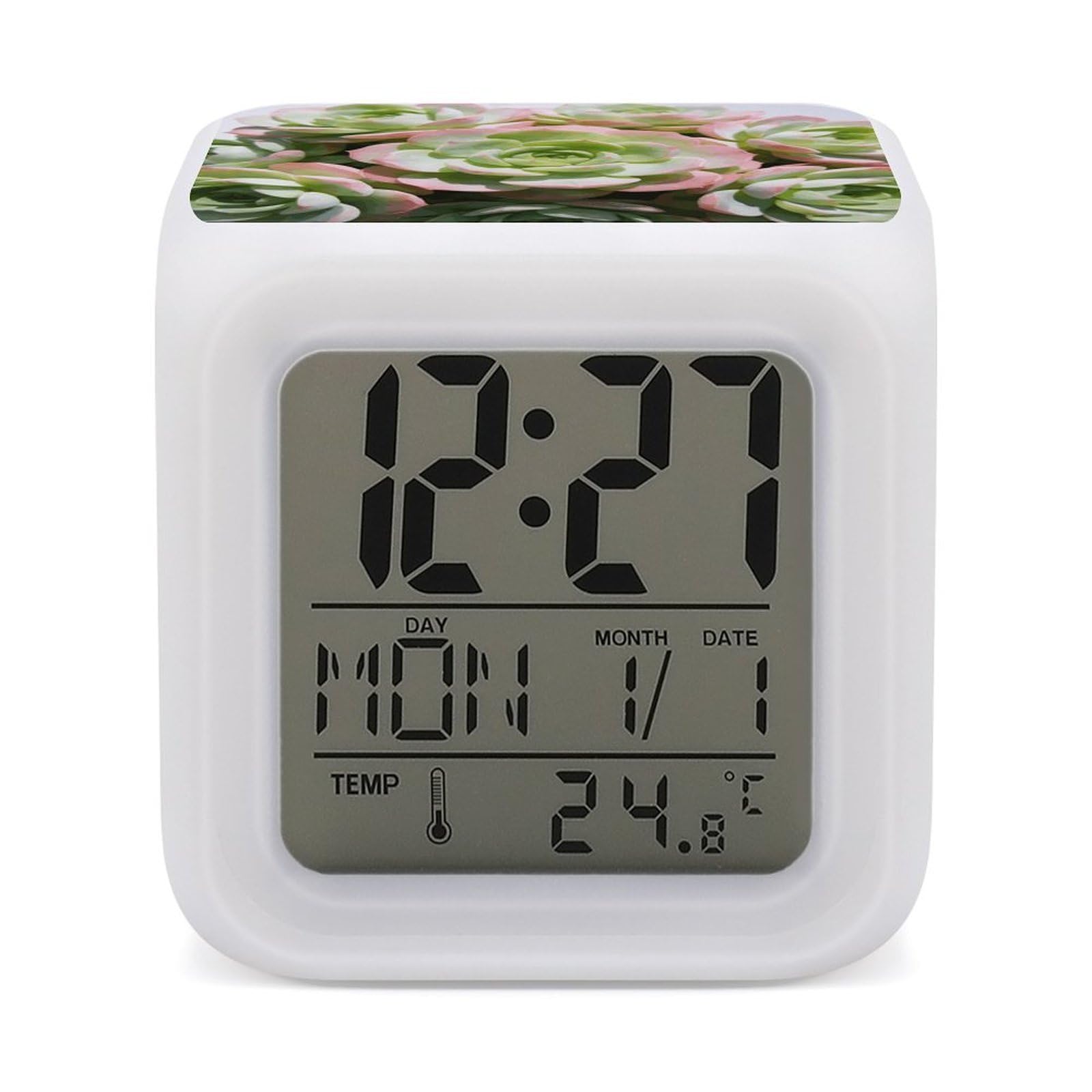 LZQPOEAS Watercolor Succulent Plants Alarm Clock with 7 Color Changing Nightlight for Bedroom Calendar Temperature Display Wake Up Digital Clock Small Desk Clocks for Heavy Sleepers Adults