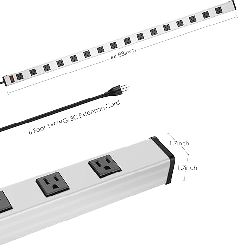 Miniatura 10 de JUNNUJ Regleta de alimentación industrial de 16 tomas de corriente de metal largo, tira de alimentación industrial de garaje espaciada, resistente