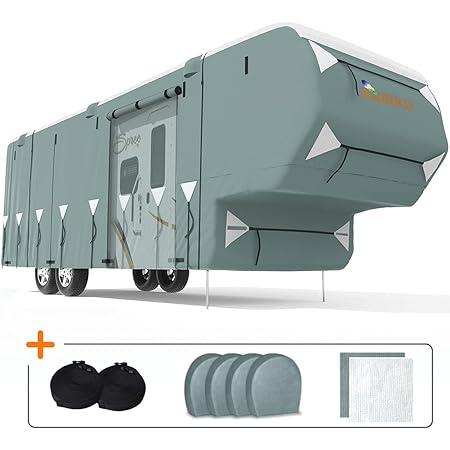 KING BIRD Upgraded 5th Wheel RV Cover, Extra-Thick 5 Layers Anti-UV Top Panel, Durable Camper Cover, Fits 26'-29' Motorhome -Breathable, Water-Proof, Rip-Stop with 2Pcs Extra Straps & 4 Tire Covers