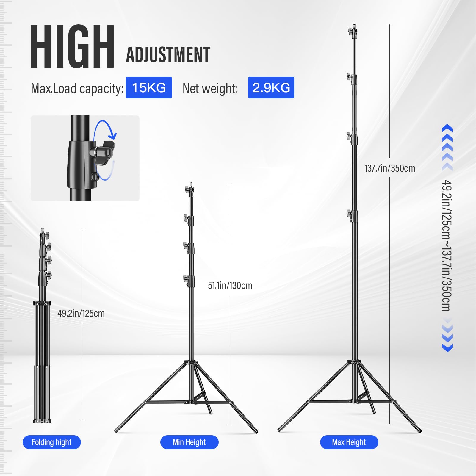 Soonpho 350cm Pro Lampenstativ Spring Luftgedämpftes Lichtstativ Metal Aluminium 3.5m max Höhe 15kg Traglast,stabil & komfortabel Leuchtenstativ für Film Fotografie Studio Outdoor Photography