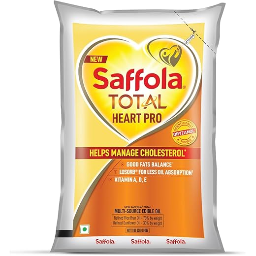 Saffola Total Oil | Heart Pro | Multi source Edible Oil (Blend of Refined Ricebran oil & Refined Sunflower oil) | Power of 6 | Helps Manage Cholesterol | 1 Litre Pouch