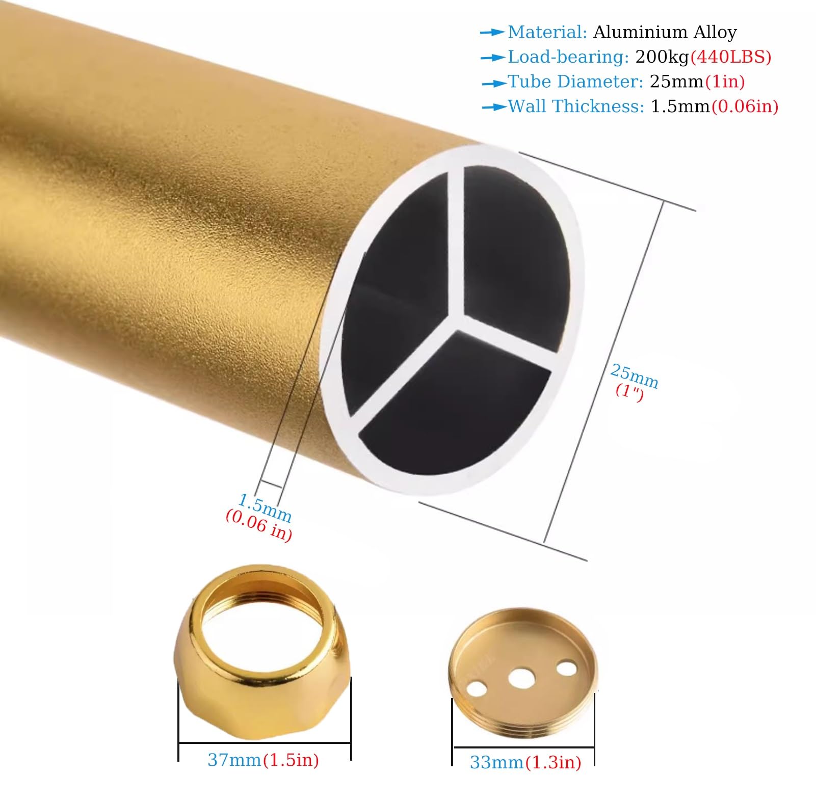 Collarín de eje para guía lineal, Barra de armario aluminio dorado 50-170 cm(160cm/5.2ft)