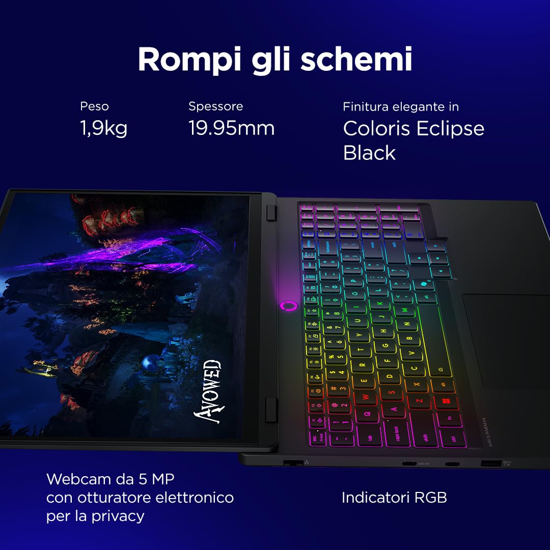 Lenovo Legion 5 Gaming Laptop - Display OLED WQXGA 15" 165Hz, Nvidia GeForce RTX 5070 8GB, Intel Core i7-14700HX, RAM 32GB, SSD 1TB, Windows 11 Home, Tastiera RGB italiana - Eclipse Black