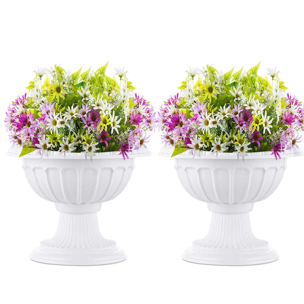 Nuptio White 2 Pcs Classic Urn Planter, 26Cm Height Plastic Indoor Or Outdoor Decorative Urn, Pedestal Plastic Planter, Vintage Style Flower Pot, Home Garden Front Porch Door Deck Balcony Decoration,