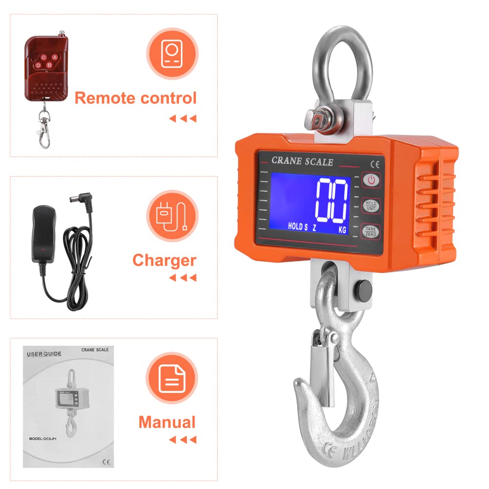 Escala colgante 1T Báscula de grúa digital súper clara recargable con mando a distancia Báscula colgante electrónica de alta precisión de 1000 kg Báscula de gancho industrial resistente