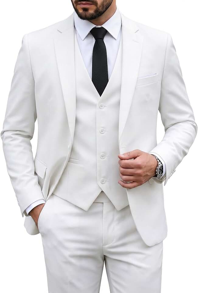Conjunto de terno masculino slim fit de 3 peças, calça colete de um botão lisa com gravata da MY'S, Natural White, X-Small