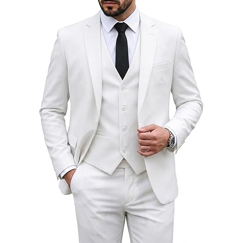 MY'S Men's 3 Piece Suit Set with Tie, One Button Slim Fit Solid Jacket Vest Pants, Prom Party Wedding Business Suits for Men