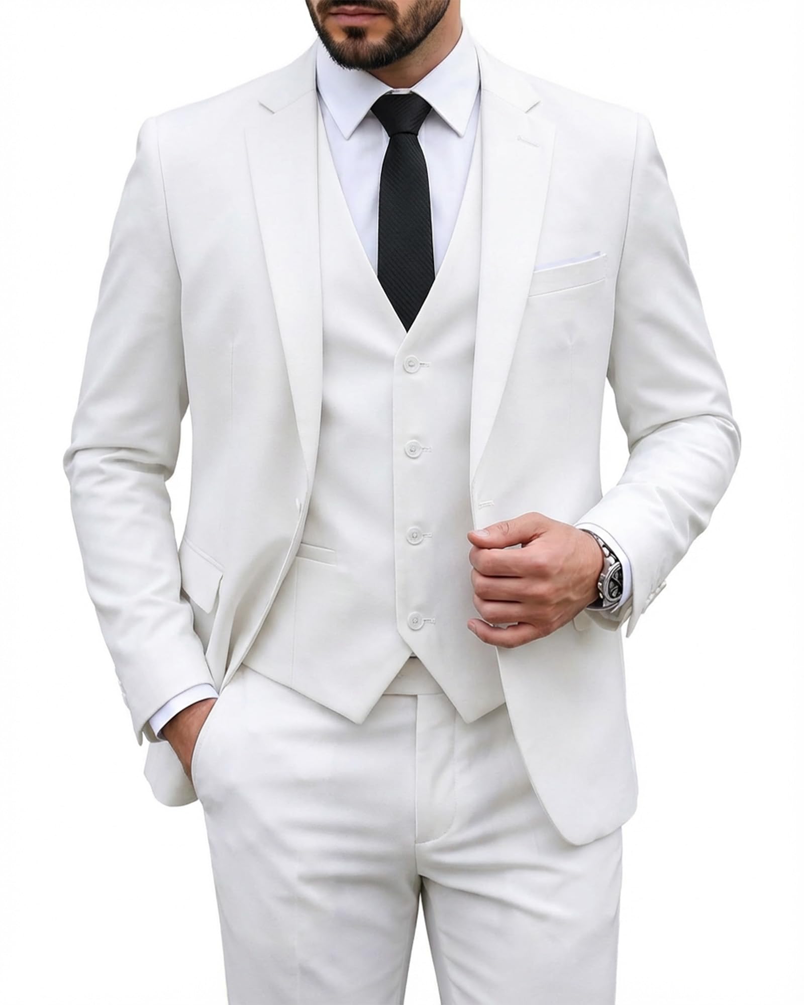 MYS Men's 3 Piece Slim Fit Suit Set, One Button Solid Jacket Vest Pants with Tie