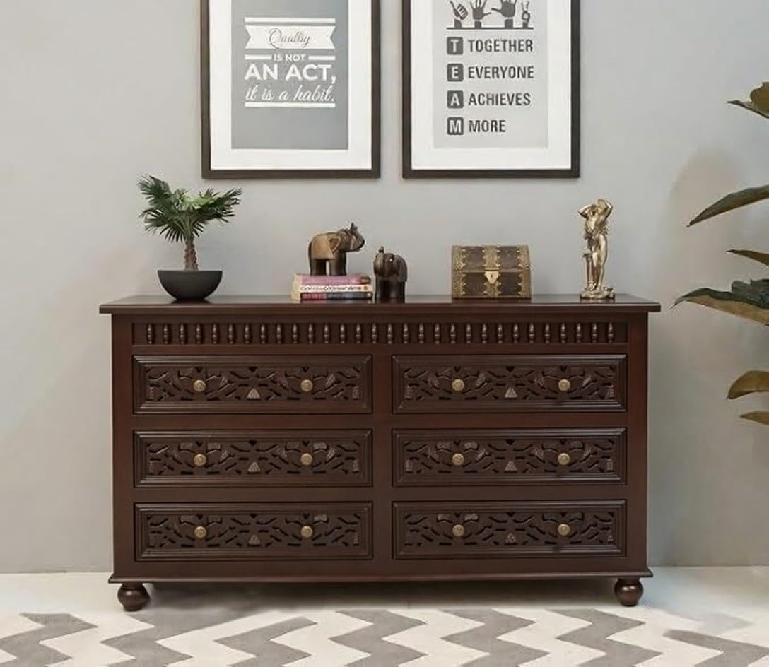 sheesham solid wood chest of drawers | handcrafted wooden storage cabinet with multiple drawers | bedroom living room organizer with natural finish (walnut, design 3)