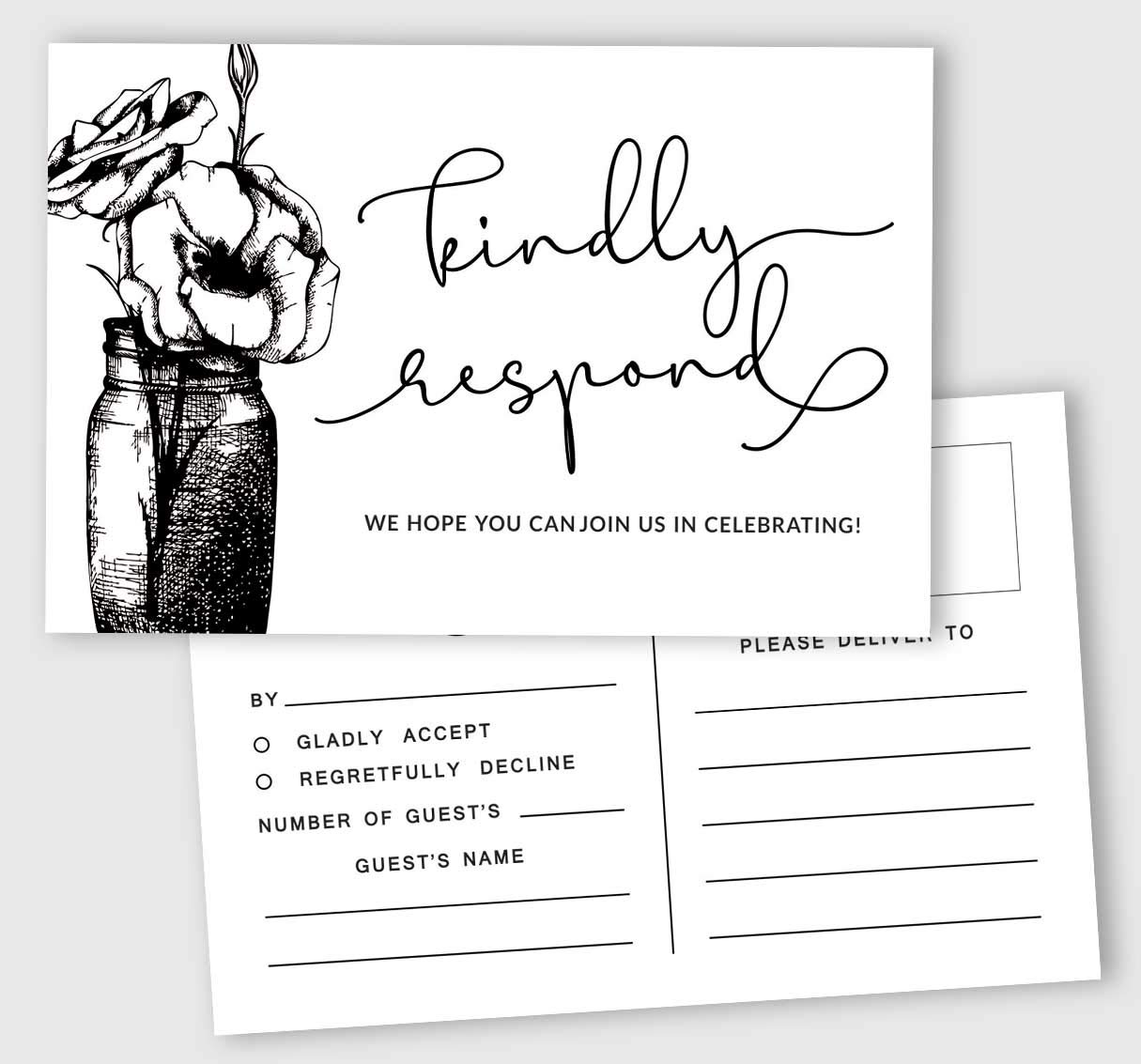 Inkdotpot 50 Blank RSVP Cards,RSVP Postcards No Envelopes Needed,Floral Script Style Print Response Card,RSVP For Wedding,Baby Shower,Bridal Shower
