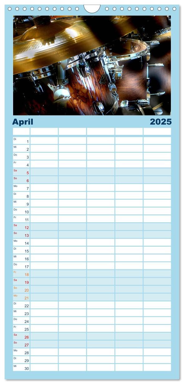 Familienplaner 2025 - Schlagzeug onstage mit 5 Spalten (Wandkalender, 21 cm x 45 cm), CALVENDO: Eindrucksvolle Konzertaufnahmen und Closeups von verschiedenen Schlagzeugen (CALVENDO Kunst)