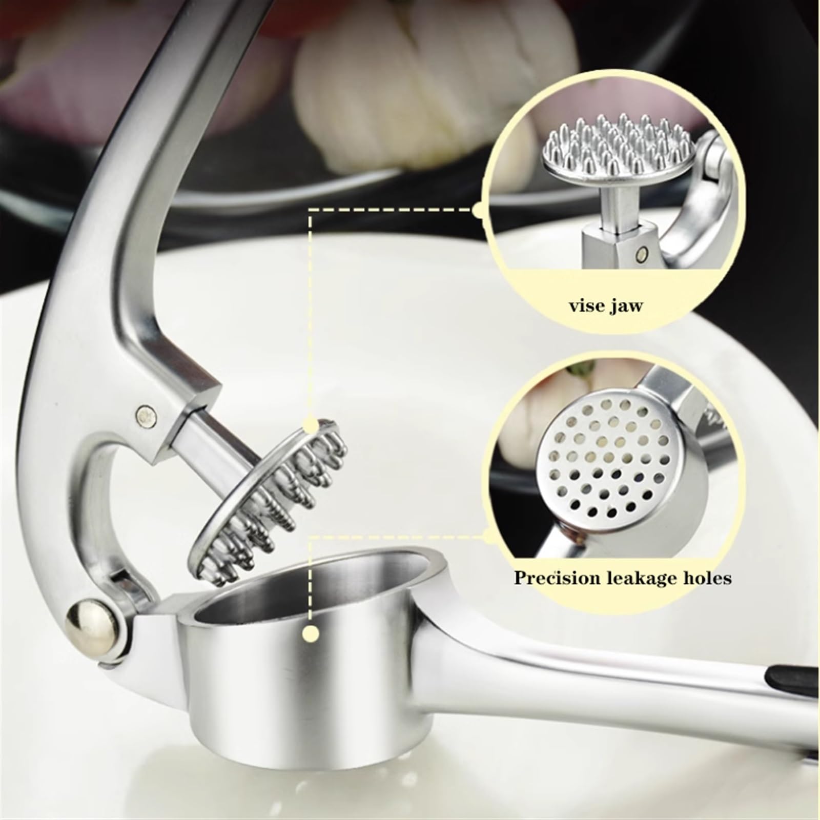 Knoblauchpresse, robuster manueller Fleischwolf, einfach zu drücken, ergonomischer Griff, rostfrei, spülmaschinenfest für mühelose Knoblauchzubereitung und Kochen