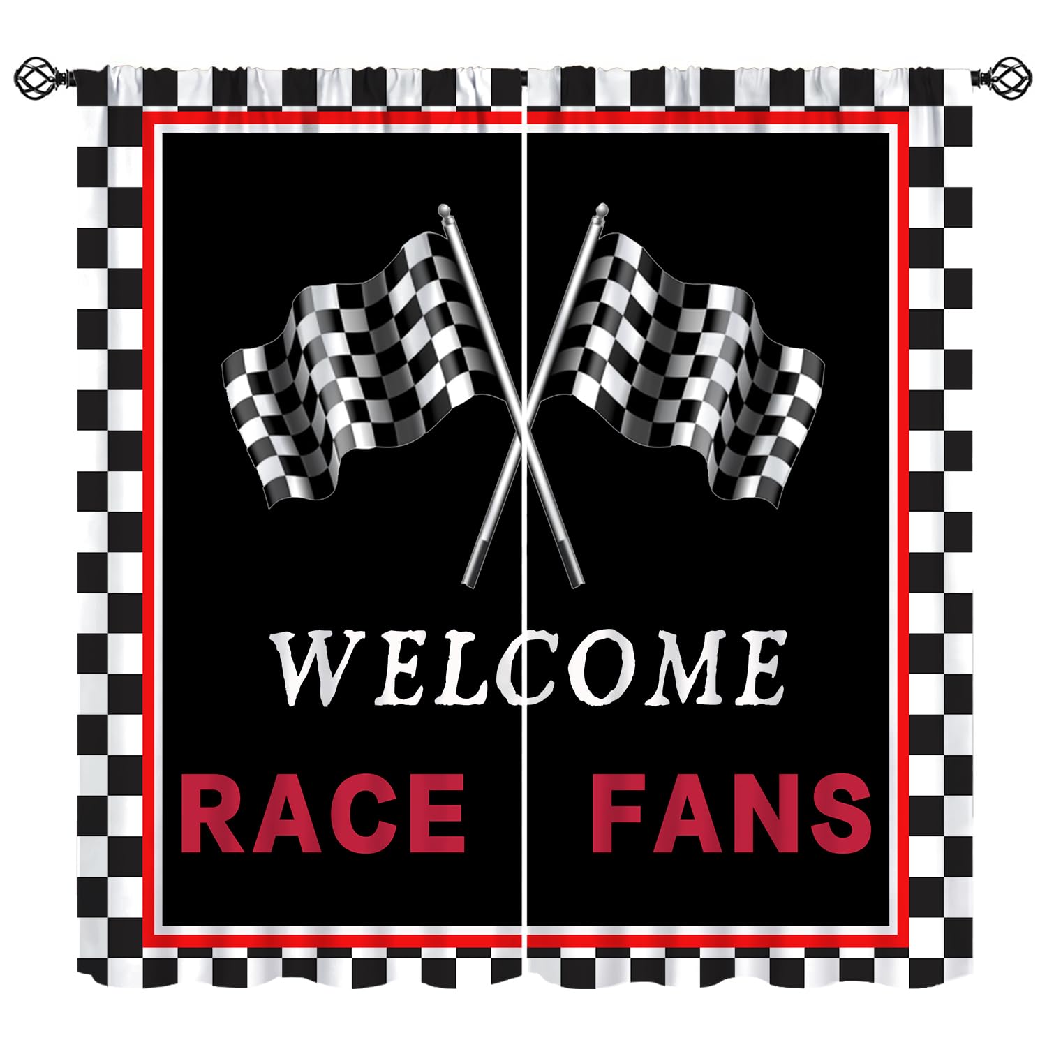 KANEPE Racing Curtains, Grid Banner Black White Checkered Flag Race Fans Blackout Window Treatments, Rod Pocket Thermal Insulated Drapes for Teens