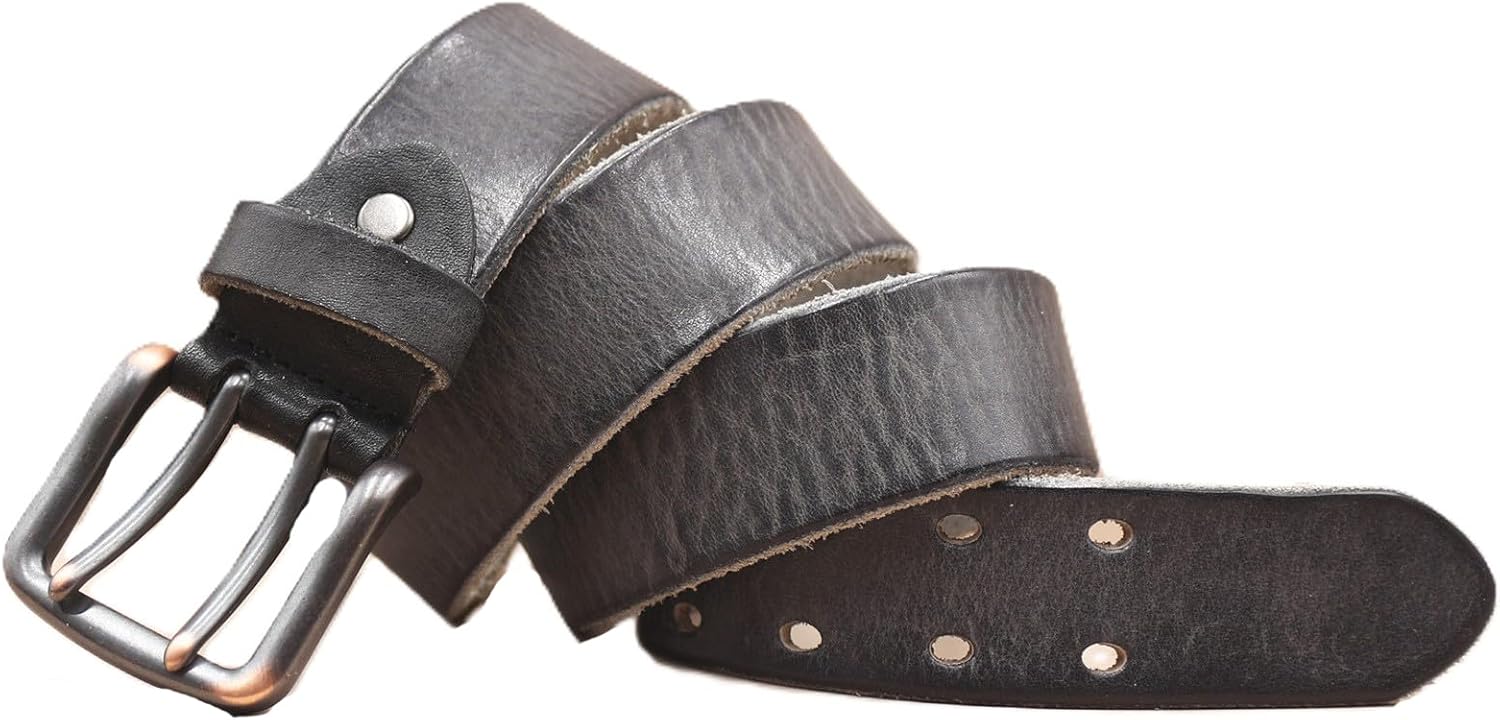 Vintage Cowhide Double Prong Belt for Men Women Heavy Duty Full Grain Leather Distressed Strap for Casual Jeans Pants