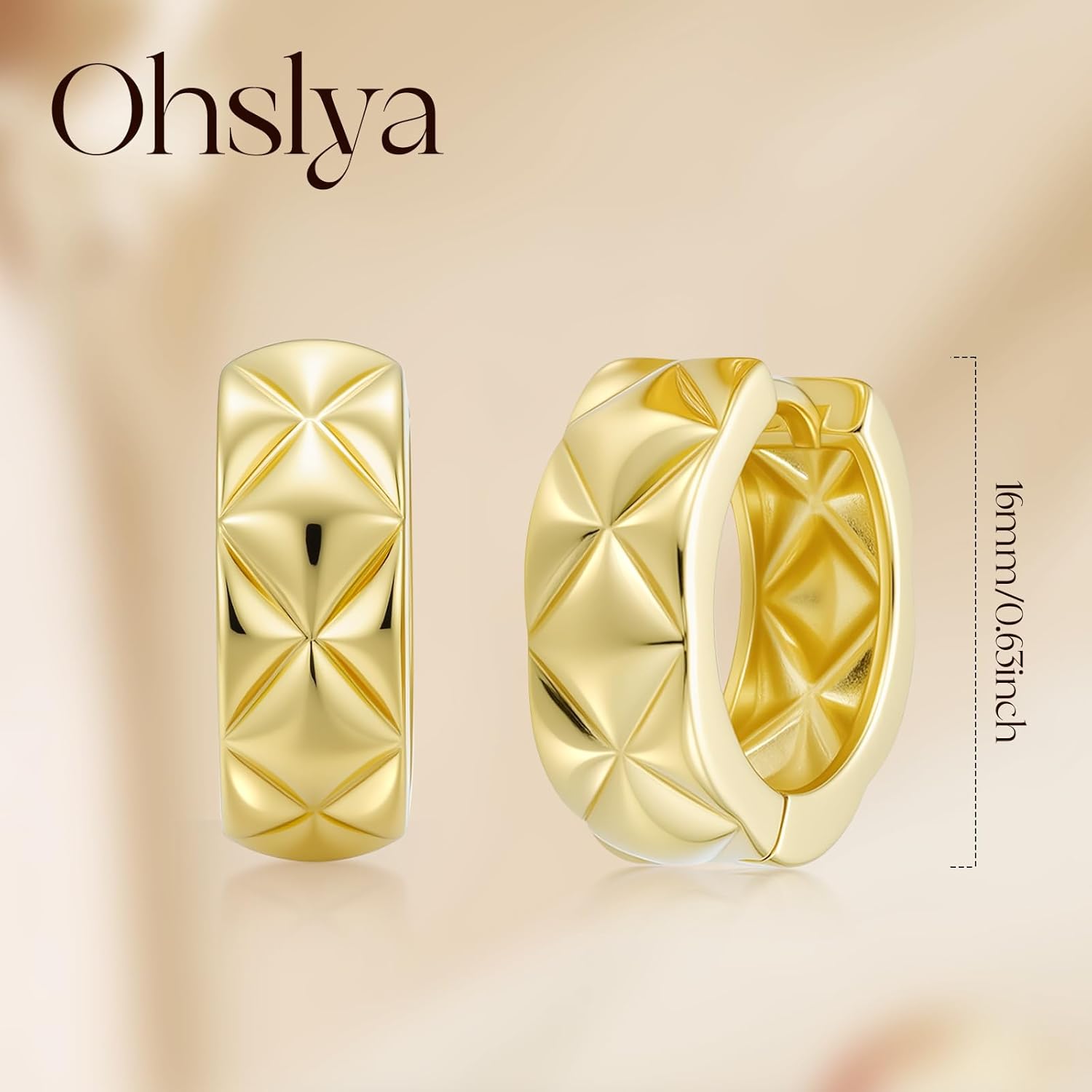 14K Gold Plated Hoops Earrings for Women Rhombus Pattern Thick Small Hoop Earring Mini Chunky Hoops Earring Womens Hinged Snap Back 16mm