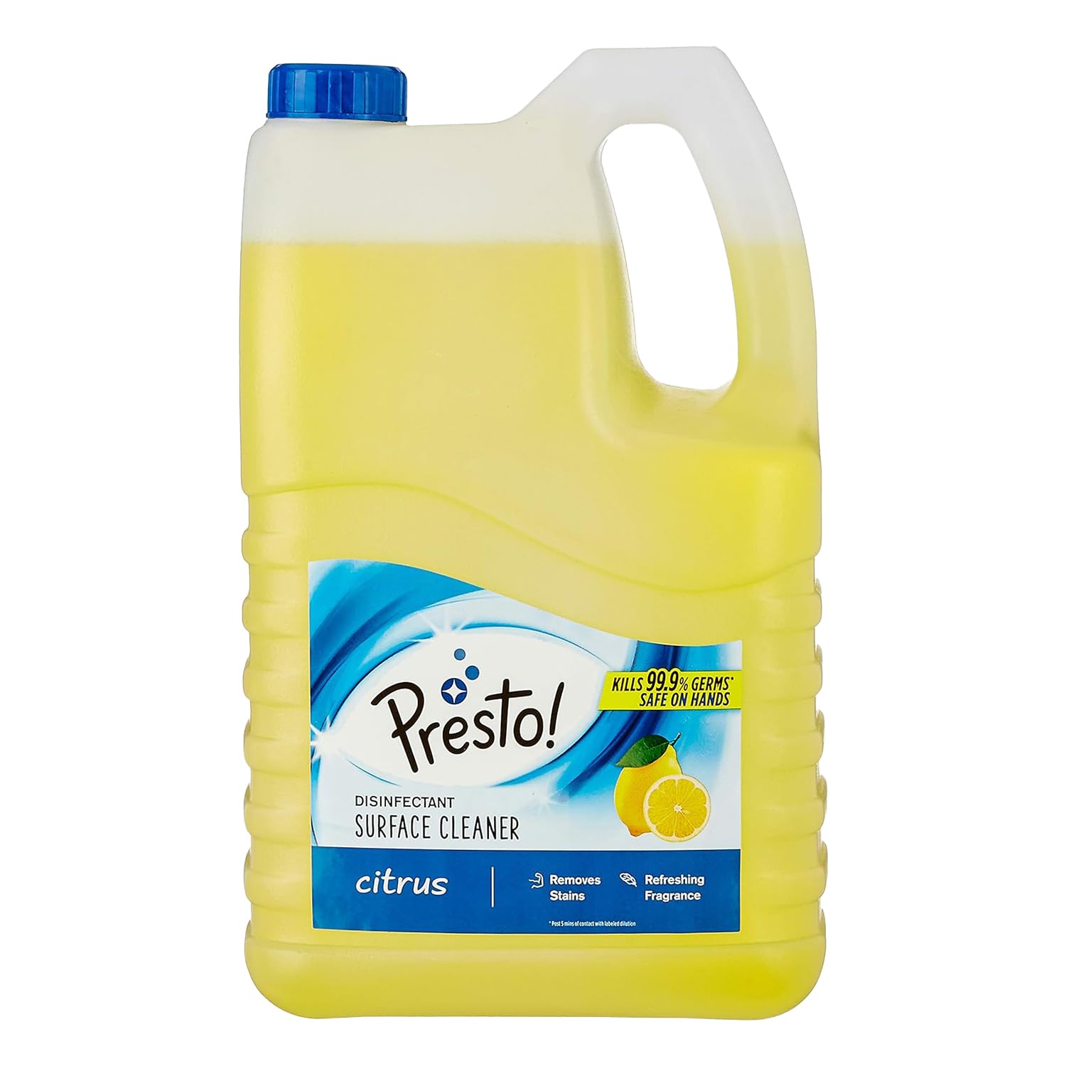 Amazon Brand - Presto! Disinfectant Surface & Floor Cleaner | Citrus | 5 Litre | Kills 99.9% Germs | Suitable For Floor & Bathroom Surfaces Like Ceramic, Marble, Granite, Mosaic