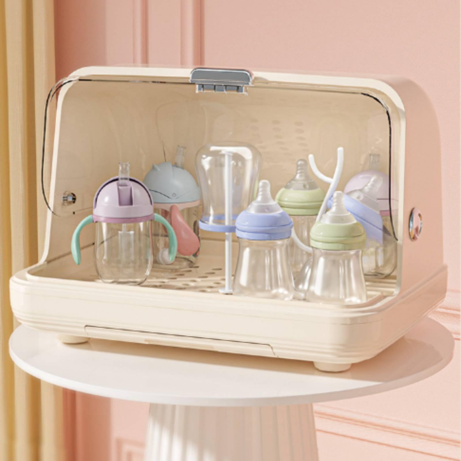 Caja Almacenamiento Biberones y Vajilla Desmontable Organizador Biberones con Puerta Abatible Transparen Gran Capacidad para Cocina, S