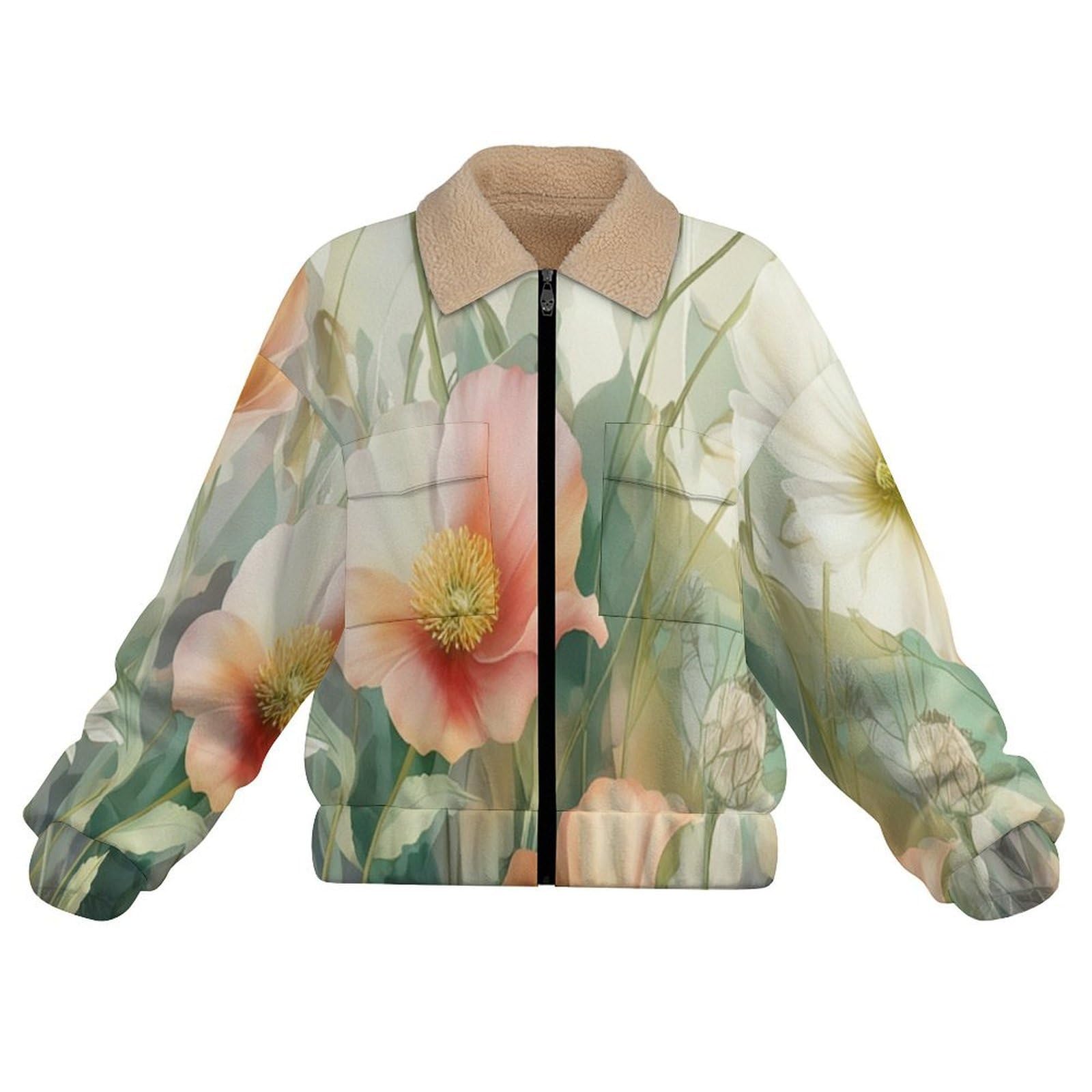 Giacca in Pile Caldi da Donna, Fiori natura Moda con Stampa a Papavero Margherita, Invernale, a Maniche Lunghe, con Chiusura Lampo, Spessa, Comoda, con Tasche