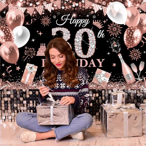 Image of Avezano Happy 30th Birthday Banner for Women Black and Rose Gold Glitter Balloon 30 Birthday Party Backdrop 30 Year Old Bday Photo Backdrop Party Supplies 70.8 x 43.3 Inch