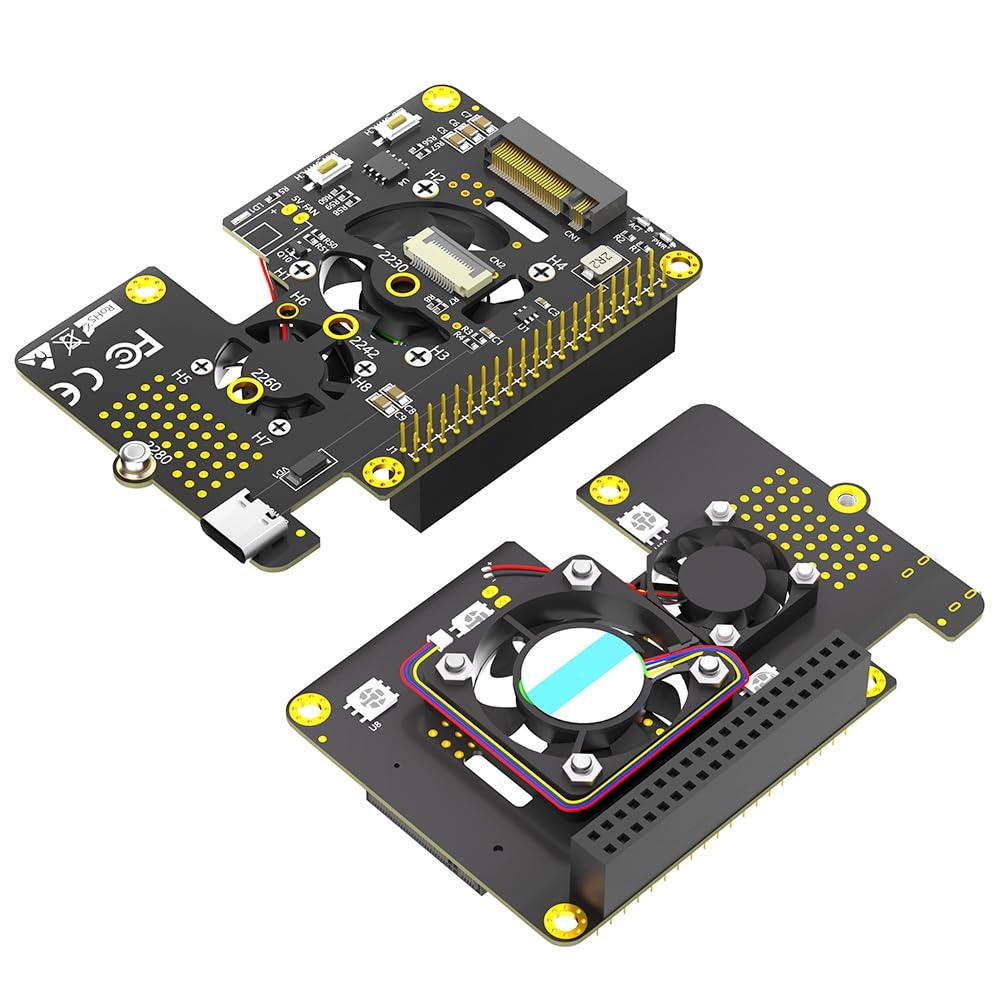 KAGAUOAS M.2 NVMe M-Key SSD to PCI-e Adapter, Supports 2230, 2242, 2260 and 2280.with Dual Cooler Fans and Automatic Discoloration LED for Raspberry Pi 5