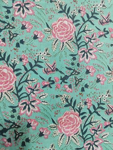 Image of Doraya Pure Cotton Dress Making Fabric Sanganeri Print Jaipuri Hand Block Printed Unstitched Dress Material for Women Blouse /Plazzo,Kurti /Lehenga Piece Womens 43 inch Inches Width (Sea Green 1, 3 Meter)