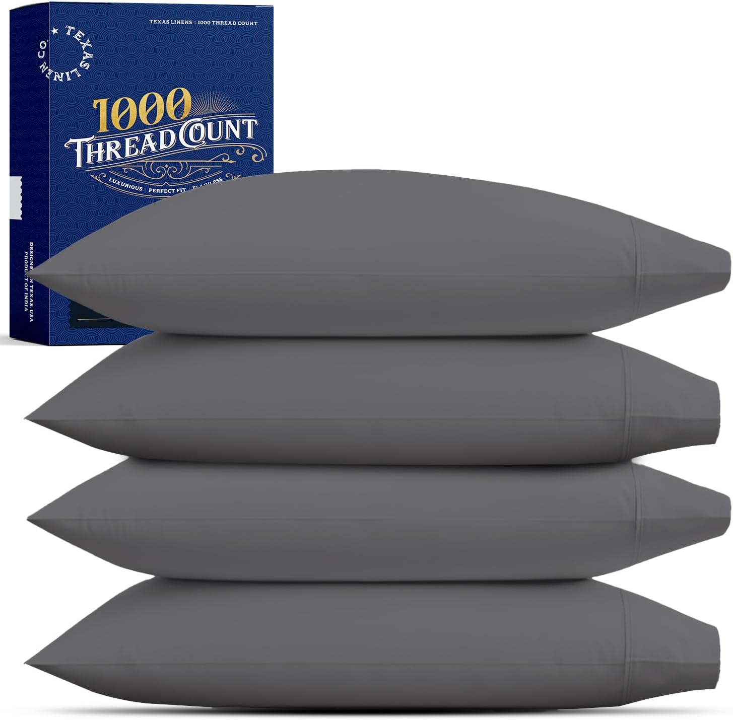 TEXAS LINEN CO. Premium Egyptian Cotton Pillow Cases Standard/Queen Size Set of 4 - Luxury High Thread Count Cotton Pillow Case (2 Pair, Dark Grey), Silky Soft, Cooling Extra Long Staple Pillowcases