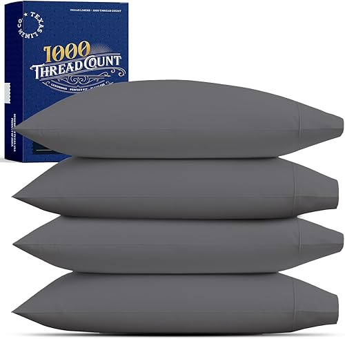 TEXAS LINEN CO. Juego de 4 fundas de almohada de algodón egipcio premium tamaño estándar/queen - Fundas de almohada de lujo de algodón de alto Gris