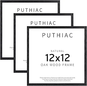 puthiac 12x12 Black Oak Wood Picture Frame - Minimalist 12x12 Poster Frame, 12"x12" Frame Wood, Natural Solid Wooden Picture Frames for Wall Art Photo and Prints (3 Pack, Black)