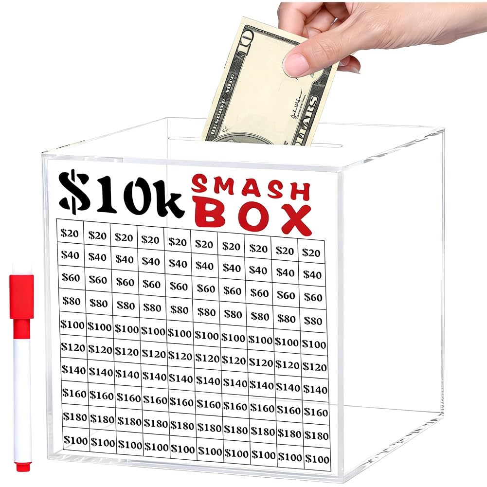 Hndhbfgrt For Adults for Money Saving 10k Smash Box Unbreakable Clear Acrylic Saver Piggy Bank 10000 for Money Saving Challenge Box