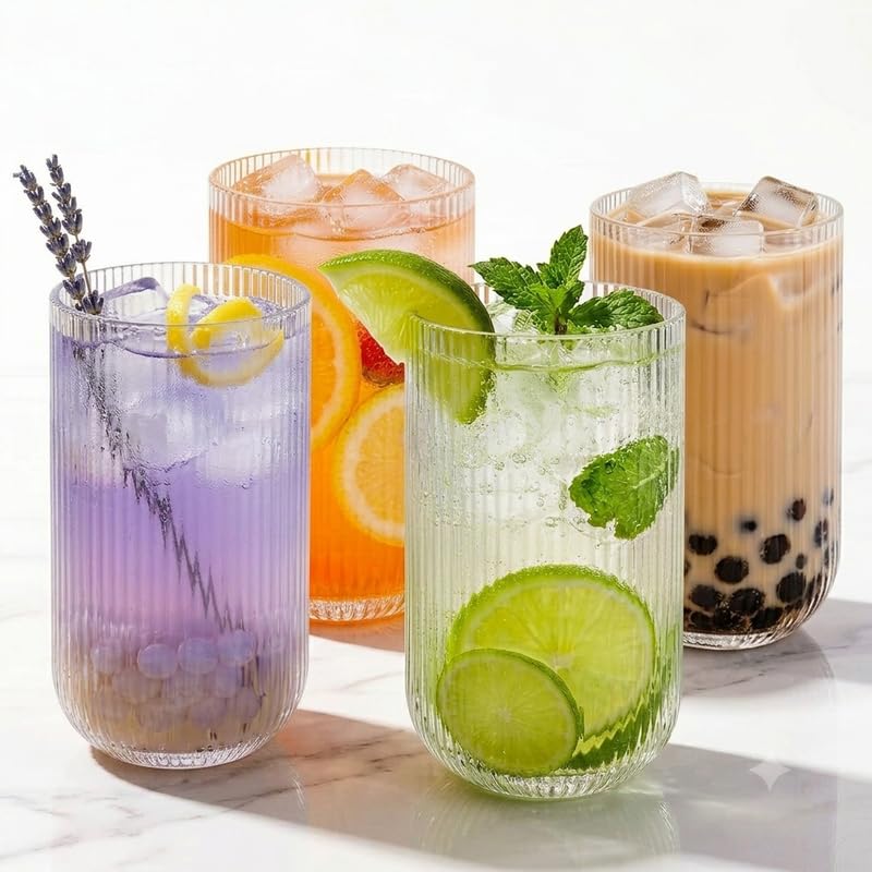 Image of criterion Ribbed Glass Cups Set of 4 - Clear Fluted Drinking Glasses for Iced Coffee, Boba Tea, Cocktails & Cold Drinks | Vintage Aesthetic Glassware for Home & Kitchen | 390ml