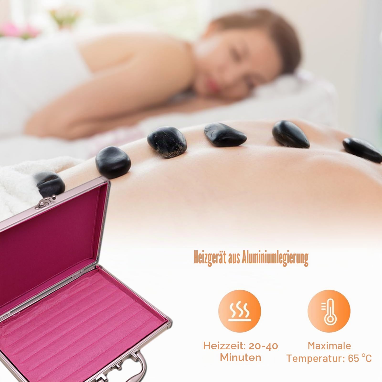 16 Steine Hot Stone Massage Set, Hot Stone Wärmegerät | Mit Heizkasten aus Aluminiumlegierung, Heiße Massagesteine aus Basalt, Hot-Stone-Massageset, Für ntspannung, Spa
