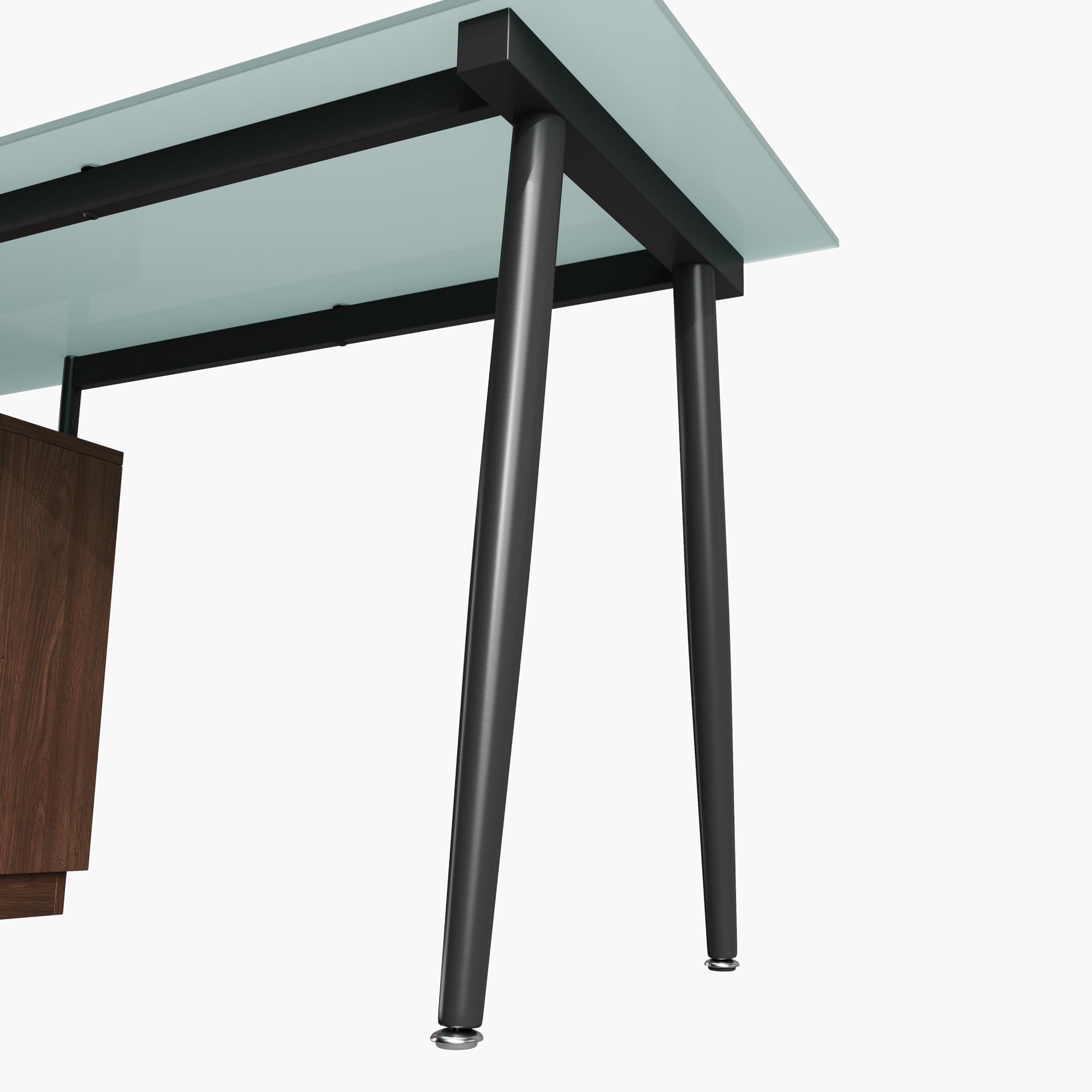 Moderno escritorio 130 x 50 x 75 cm, marrón, placa de cristal, estructura tubular de acero, tres cajones, compartimento abierto, cristal esmerilado templado, asas negras