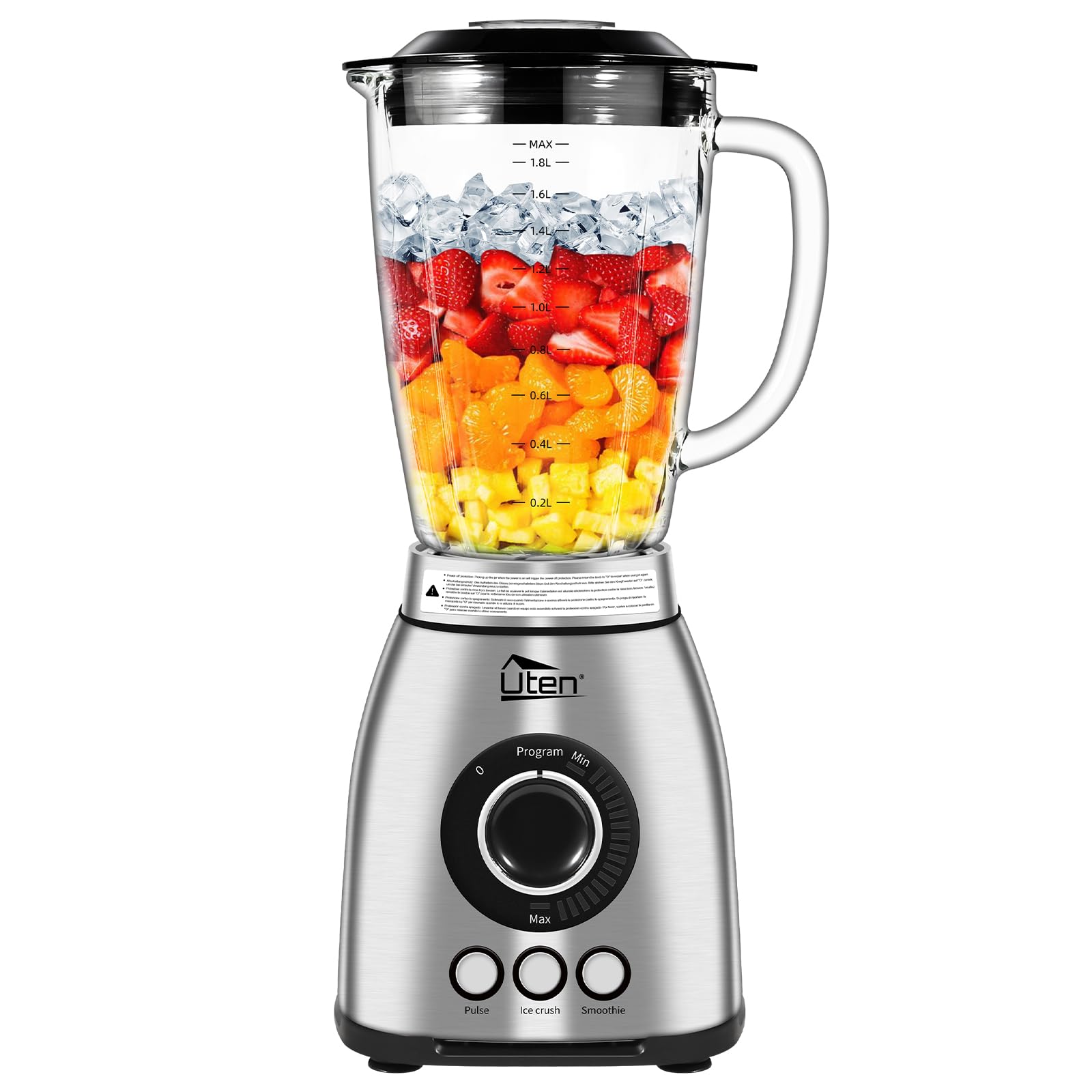 Uten Batidora de Vaso 2L, 1800 W de Licuadora para Batidos, 3 Programas Preestablecidos y 18 Velocidades, Carcasa de Acero Inoxidable, Cuchilla de 6 Hojas, para Hielo Triturado Granos de Cafe Molido