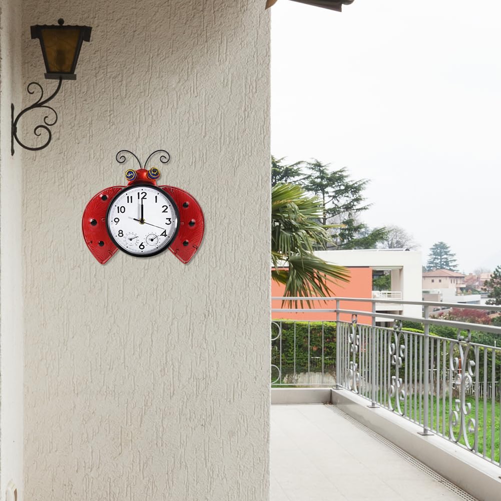 Zegar zewnętrzny, cichy, nietykający, zewnętrzny zegar ścienny w kształcie biedronki, z termometrem i wilgotnością, zegary kwarcowe, dekoracja na patio, ogród, salon (całkowity rozmiar: 25
