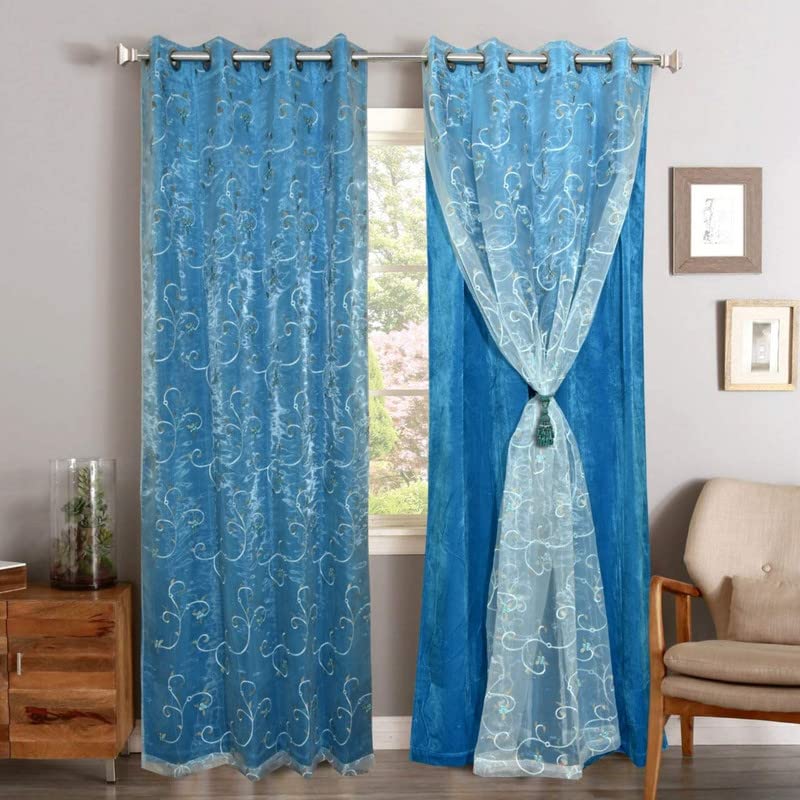 JVN FAB™ 2 IN1 Back Velvet Classic Grommet with Sky Embroidery Floral Door Curtains - 1 Pair (5 Feet,Aqua Blue Velvet) (B0C951GPD5) Amazon Price History, Amazon Price Tracker