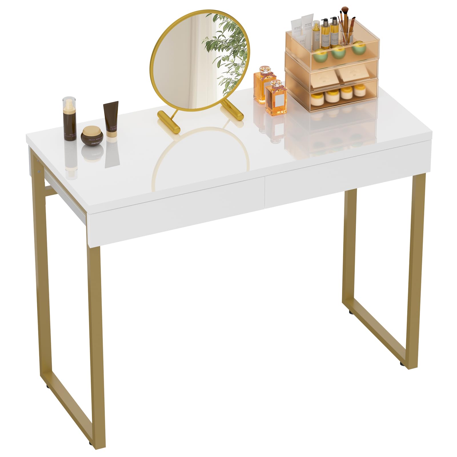 GreenForest Dressing Table with 2 Drawers Glossy White 100 x 40 cm Home Office Computer Desk Makeup Vanity Console Table with Metal Gold Legs for Small Spaces Bedroom Furniture No Mirror,Gold