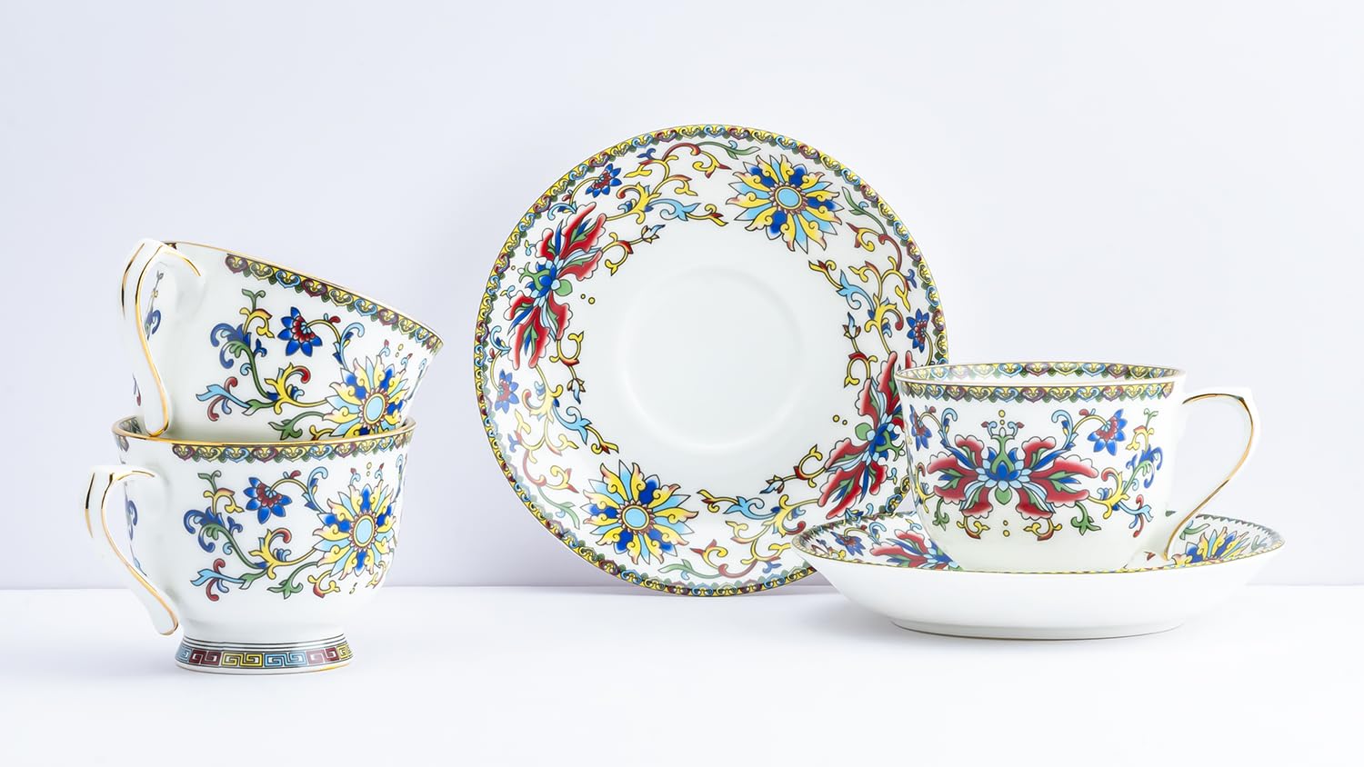 GOLDEN QUEEN'S Cup & Saucer Set | Perfect for Hosting & for Tea/Coffee Lovers | Handcrafted in India, Inspired by Florals & 24-Carat Gold Rim | 6 Cups & 6 Saucers |170 ml (Himalyan Flora)