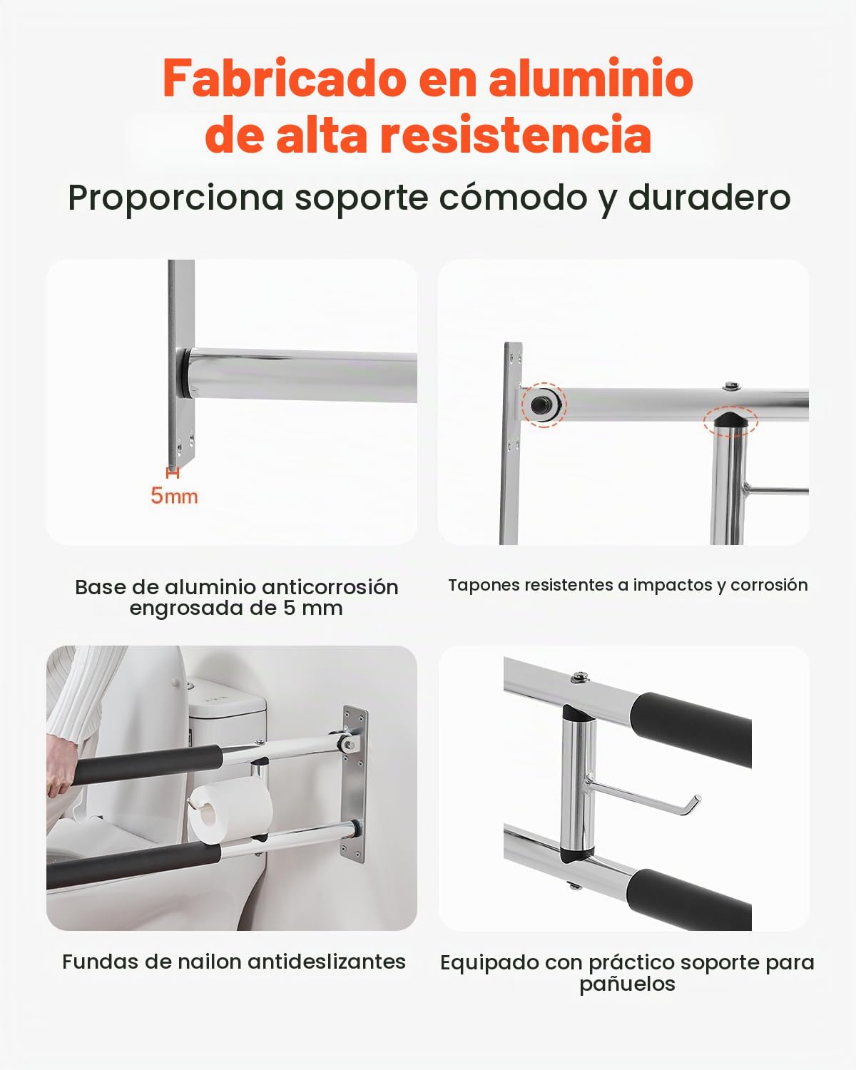 VEVOR Barra de Seguridad para Inodoro, en Forma U, Abatible, con Asa de Apoyo Antideslizante, Carga 136 kg para Personas Mayores, Discapacitadas y Embarazadas, 280 x 75 x 765 mm, Plata Brillante