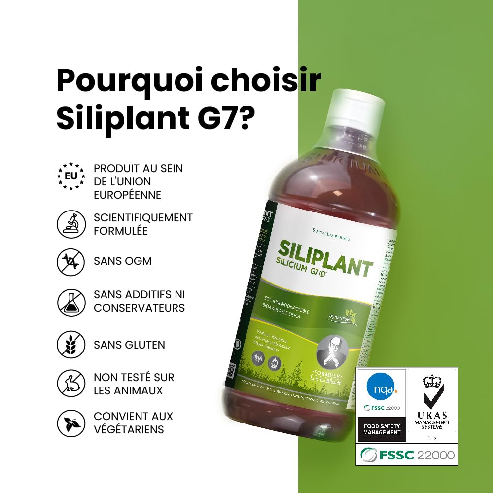 G7 Siliplant Formule améliorée. Complément de Silicium Liquide pour Peau Cheveux Ongles. Accélère la Pousse des Cheveux et Ongles. Collagène Natif Os Articulations et Dents. Traitement 33 j.
